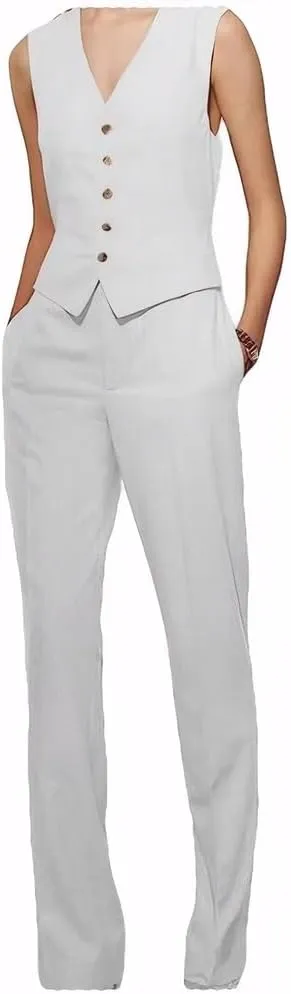 Linen Pants and Waistcoat Set for Women 2 PC Slim Fit Summer Linen Vest Pant Women Suit