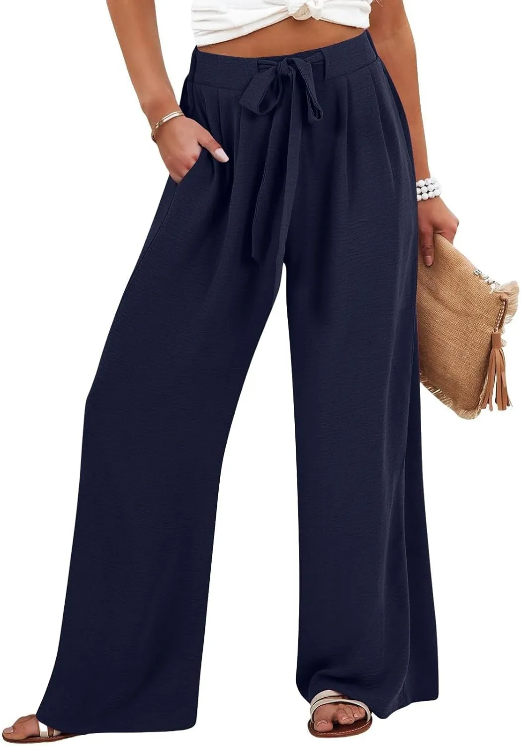 Linen Pants for Women 2025 Dressy High Waisted Wide Leg Palazzo Pants Summer Casual Loose Flowy Trousers with Pocket