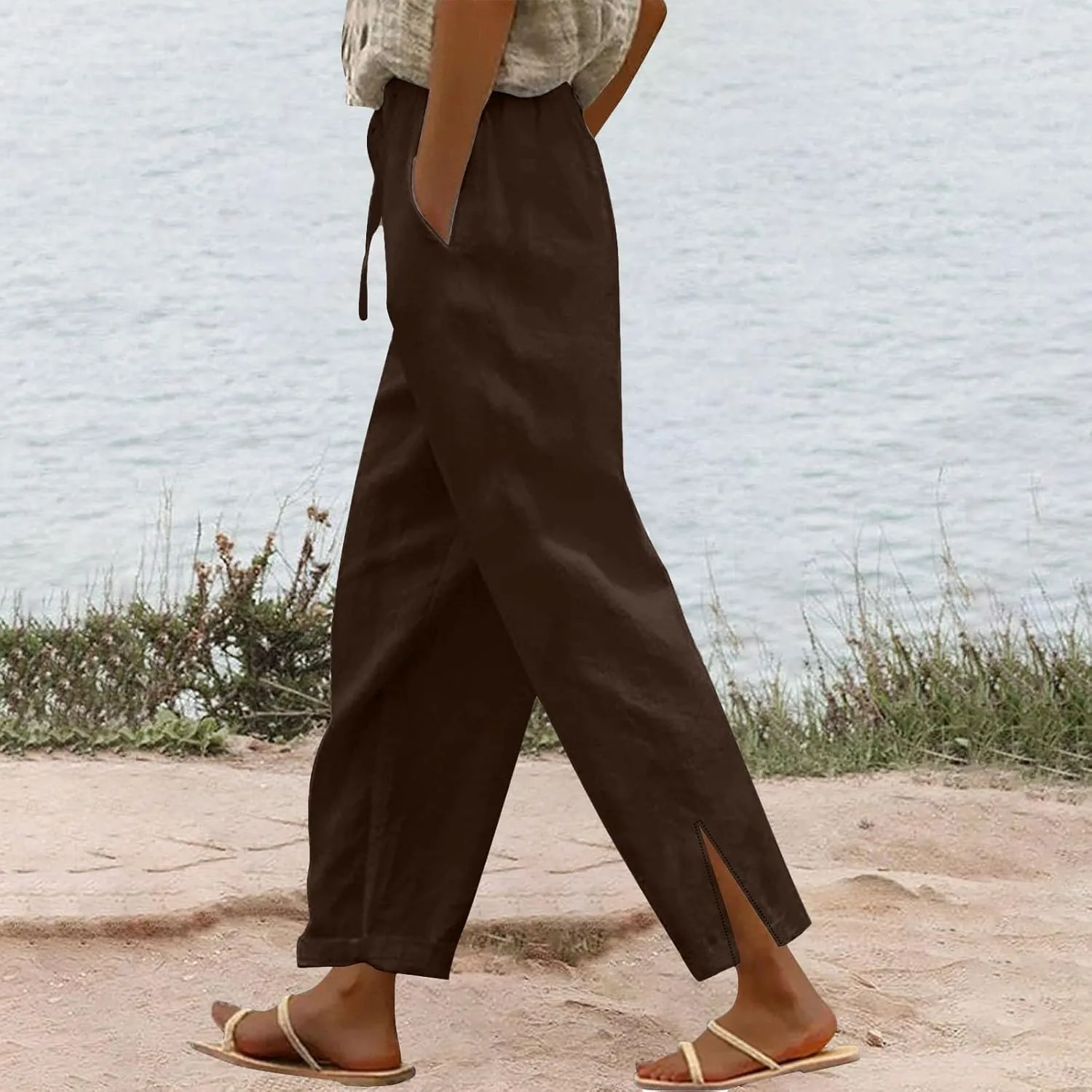 Linen Pants for Women Summer High Waist Elastic Straight Leg Lounge Pant Casual Loose Lightweight Beach Trousers 2025