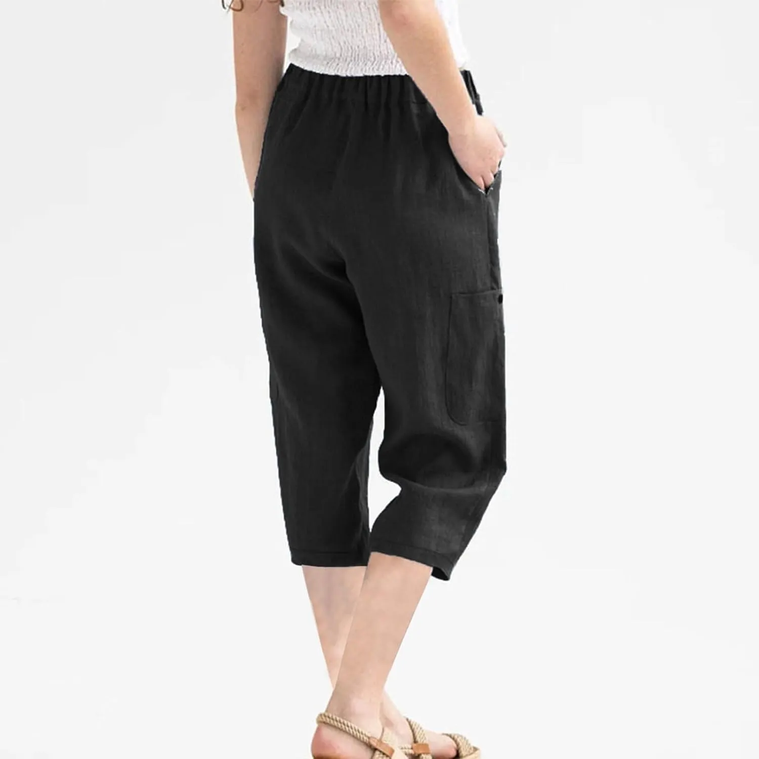 Linen Pants Women Casual 2025 Summer Elastic Waist Pull on Capri Pants Pull on Straight Leg Cropped Pants with Pockets