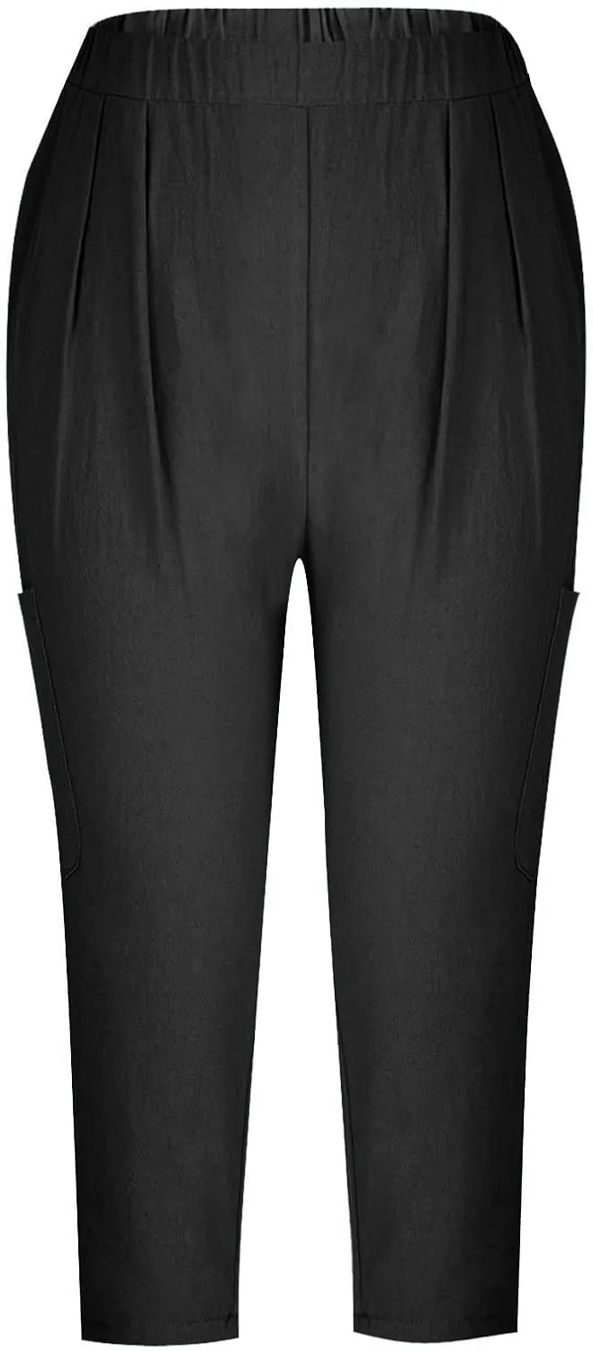 Linen Pants Women Casual 2025 Summer Elastic Waist Pull on Capri Pants Pull on Straight Leg Cropped Pants with Pockets
