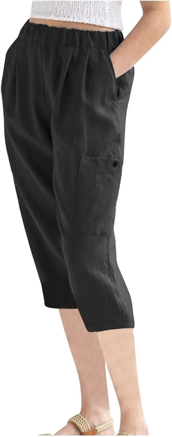 Linen Pants Women Casual 2025 Summer Elastic Waist Pull on Capri Pants Pull on Straight Leg Cropped Pants with Pockets