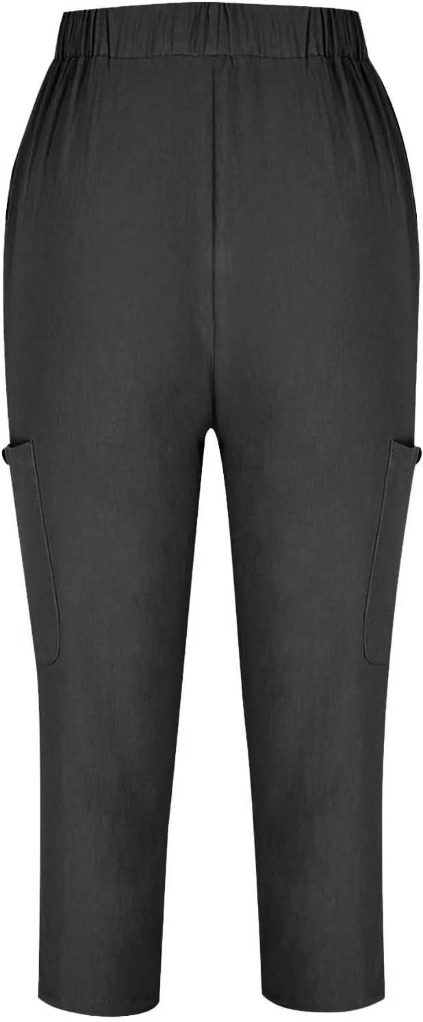 Linen Pants Women Casual 2025 Summer Elastic Waist Pull on Capri Pants Pull on Straight Leg Cropped Pants with Pockets