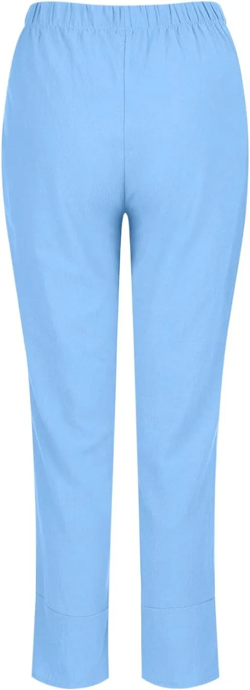 Linen Pants Women Summer Trendy Wide Leg Tulip Hem Trousers Casual Lightweight Elastic High Waist Beach Palazzo