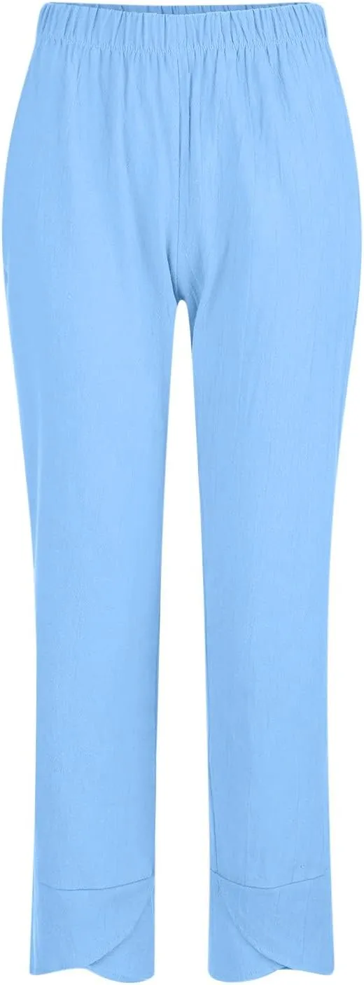 Linen Pants Women Summer Trendy Wide Leg Tulip Hem Trousers Casual Lightweight Elastic High Waist Beach Palazzo