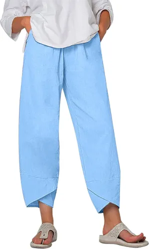 Linen Pants Women Summer Trendy Wide Leg Tulip Hem Trousers Casual Lightweight Elastic High Waist Beach Palazzo