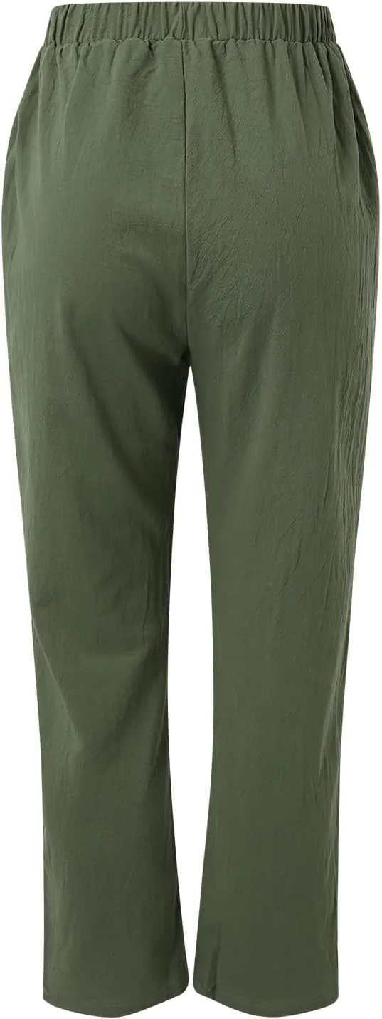 Linen Pants Women Summer Wide Leg Casual Summer High Waisted Lightweight Lounge Slacks Beach Baggy Loose Trousers