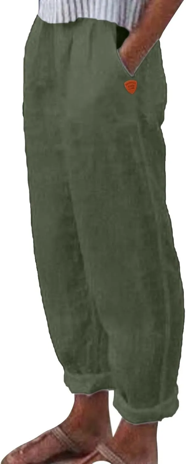 Linen Pants Women Summer Wide Leg Casual Summer High Waisted Lightweight Lounge Slacks Beach Baggy Loose Trousers