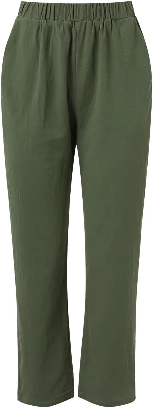 Linen Pants Women Summer Wide Leg Casual Summer High Waisted Lightweight Lounge Slacks Beach Baggy Loose Trousers