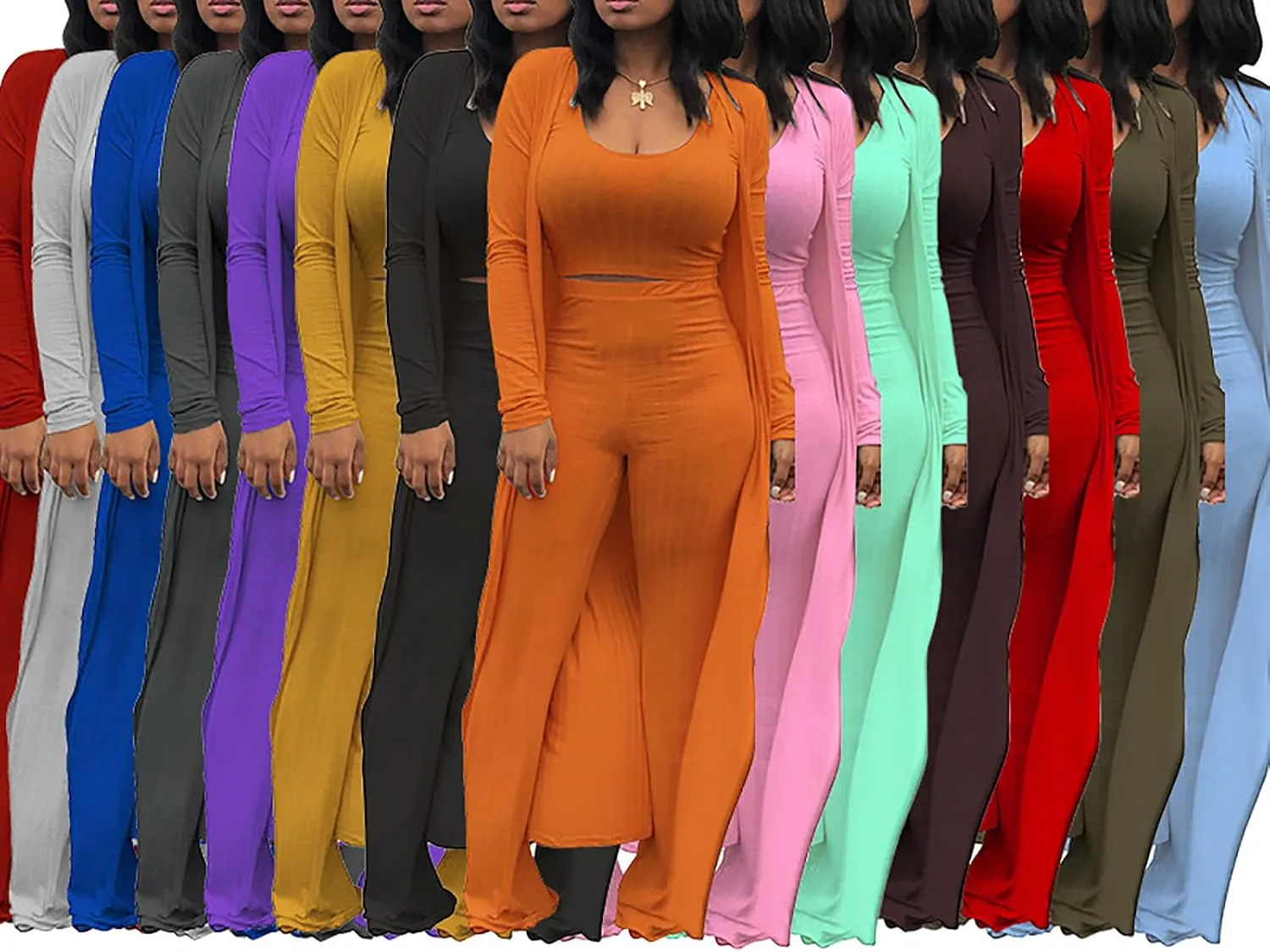 LKOUS 3 Piece Suit for Women's Solid Long Sleeve Open Front Long Coat and Crop Tank Top with Leggings Loungewear