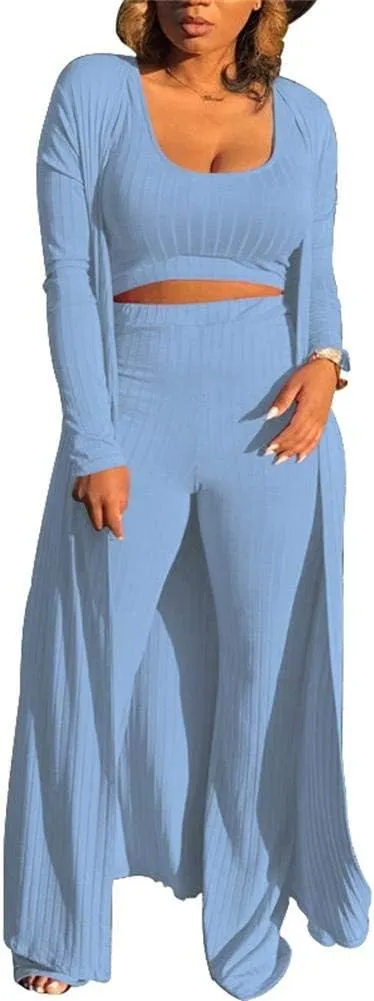 LKOUS 3 Piece Suit for Women's Solid Long Sleeve Open Front Long Coat and Crop Tank Top with Leggings Loungewear