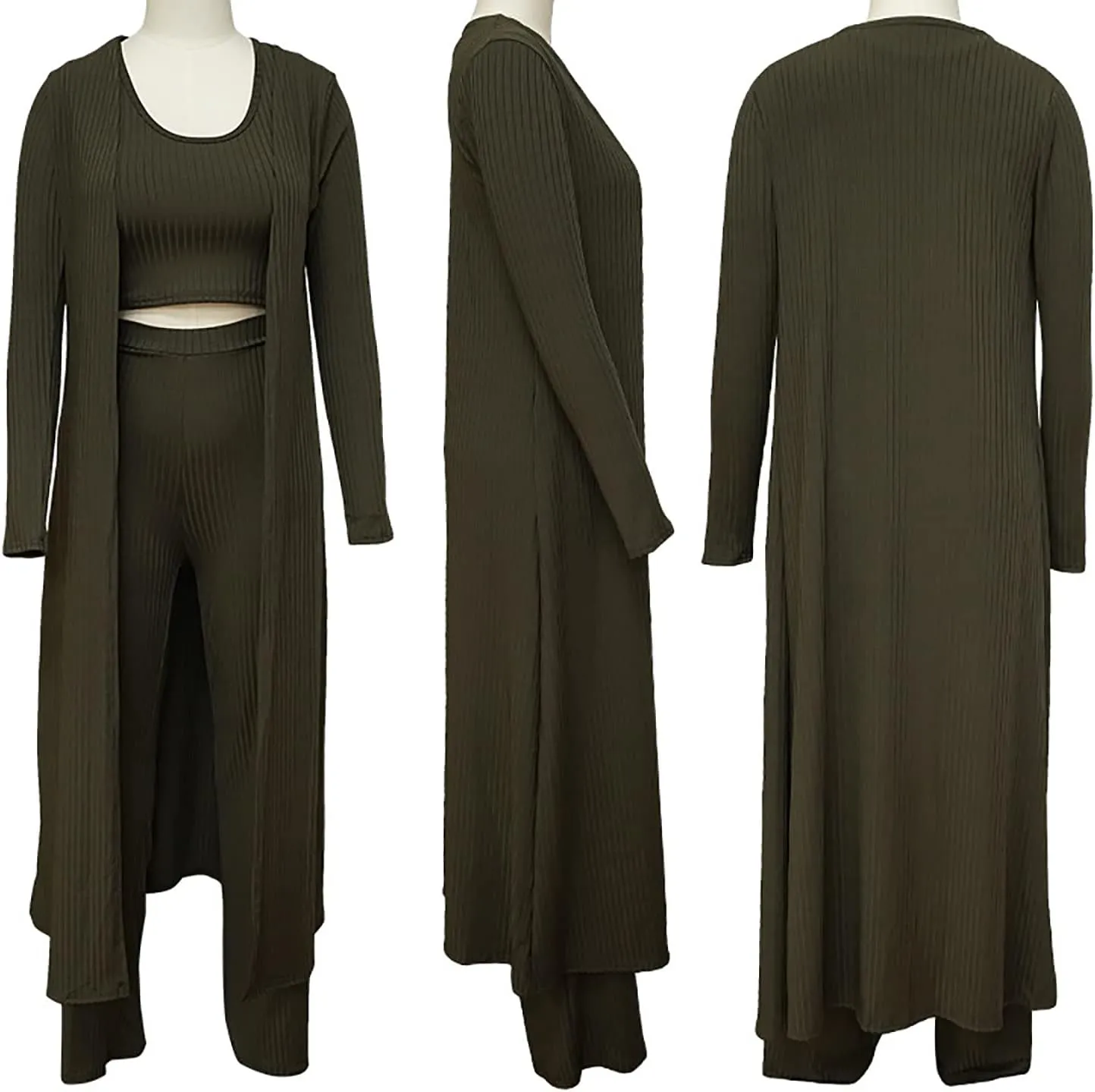 LKOUS 3 Piece Suit for Women's Solid Long Sleeve Open Front Long Coat and Crop Tank Top with Leggings Loungewear