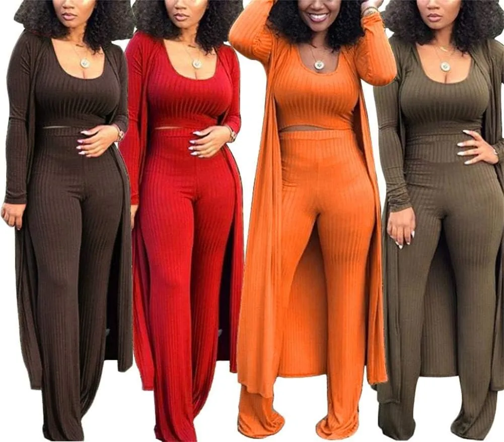 LKOUS 3 Piece Suit for Women's Solid Long Sleeve Open Front Long Coat and Crop Tank Top with Leggings Loungewear
