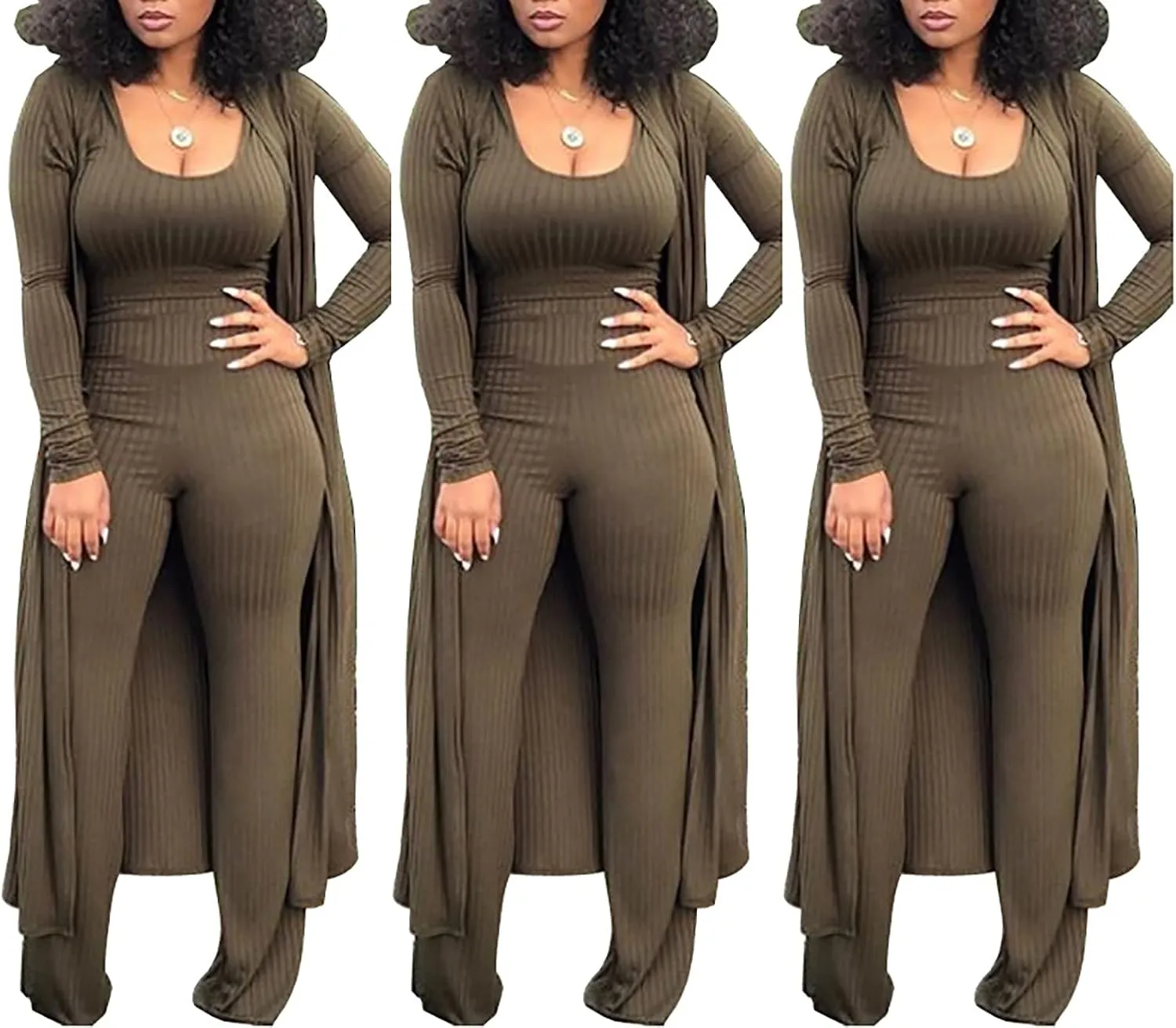LKOUS 3 Piece Suit for Women's Solid Long Sleeve Open Front Long Coat and Crop Tank Top with Leggings Loungewear