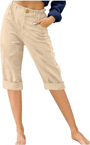 LRMQS Womens Capris for Summer Cotton Linen Pants Casual 2025 Loose Comfy Trendy Elastic Waist Cropped Trouser Beach Clothes