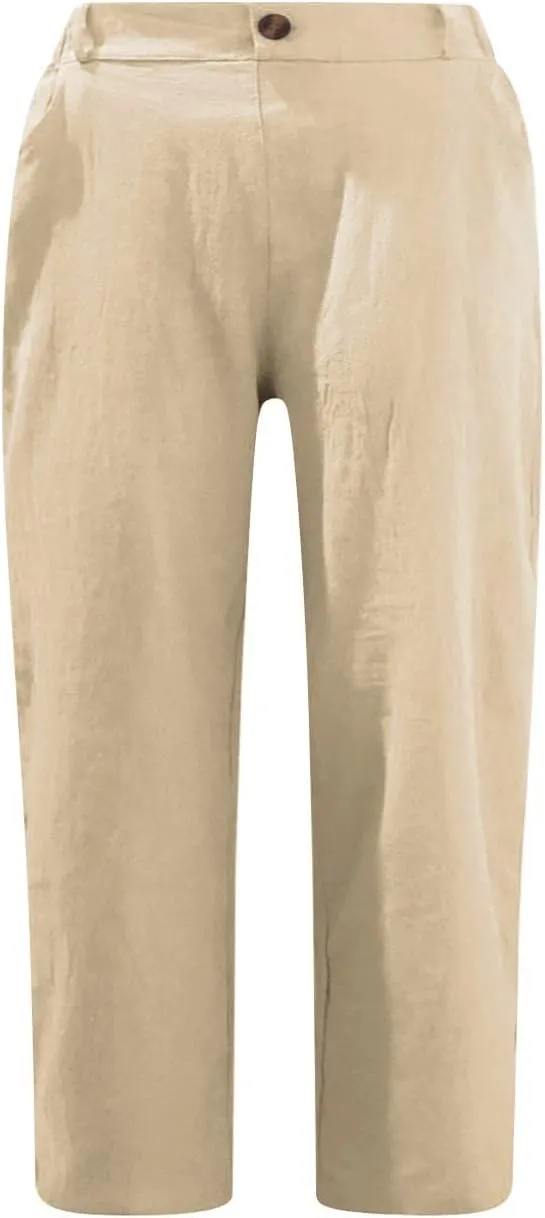 LRMQS Womens Capris for Summer Cotton Linen Pants Casual 2025 Loose Comfy Trendy Elastic Waist Cropped Trouser Beach Clothes