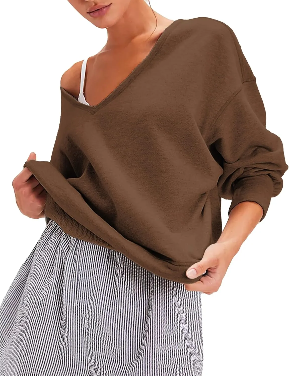 LTSCNRM Oversized Sweatshirt for Women V-Neck Long Sleeve Hoodies Trendy Pullover Outfits Lightweight Loose Casual Tops