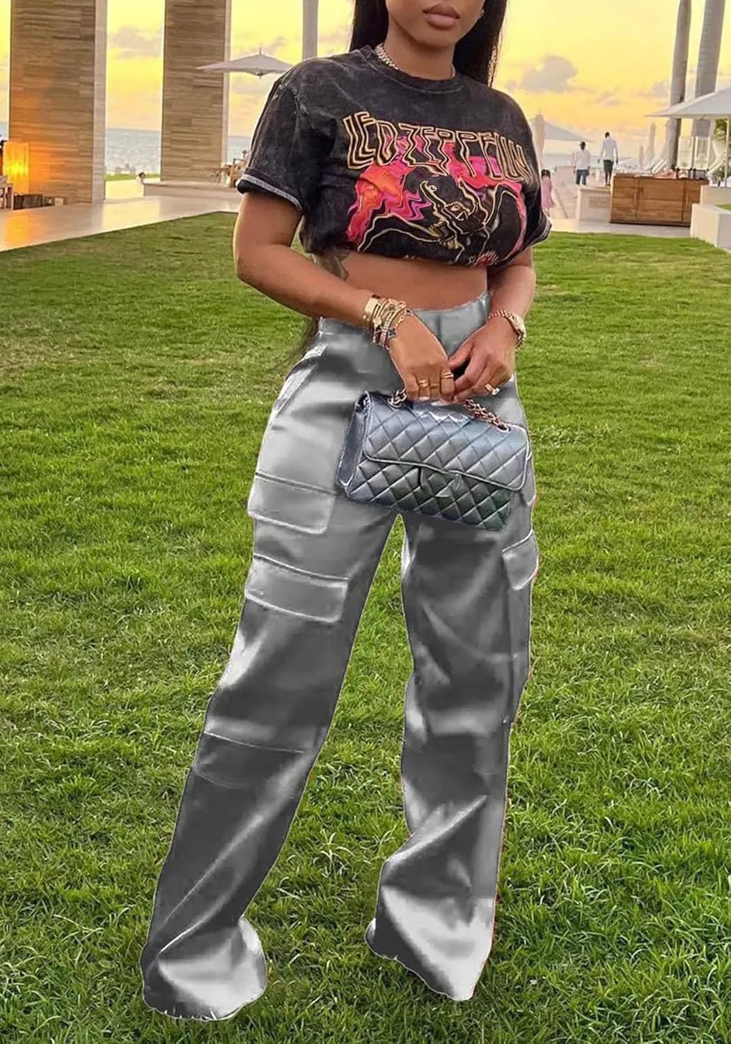 Lucuna Women's Satin Cargo Pants Y2K High Waisted Multi-Pocket Straight Leg Baggy Casual Trousers