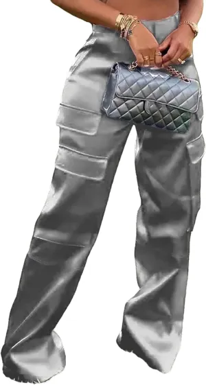 Lucuna Women's Satin Cargo Pants Y2K High Waisted Multi-Pocket Straight Leg Baggy Casual Trousers