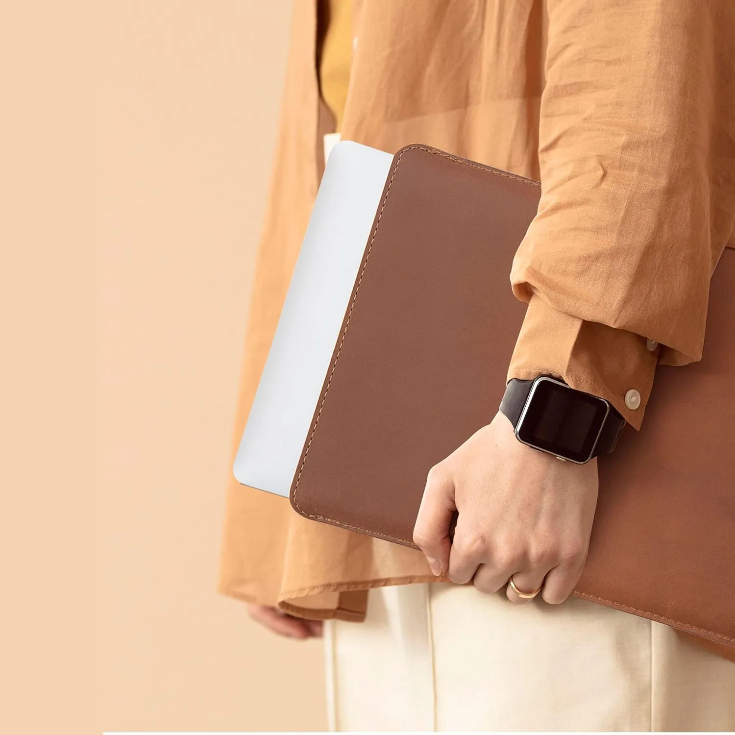 MacBook Air M2 Sleeve Fits Any 13, 14, 16 Inch - Genuine Full Grain Leather Laptop Case, Pro Slim Mac Cover with Real Wool Lined Pocket, Saddle