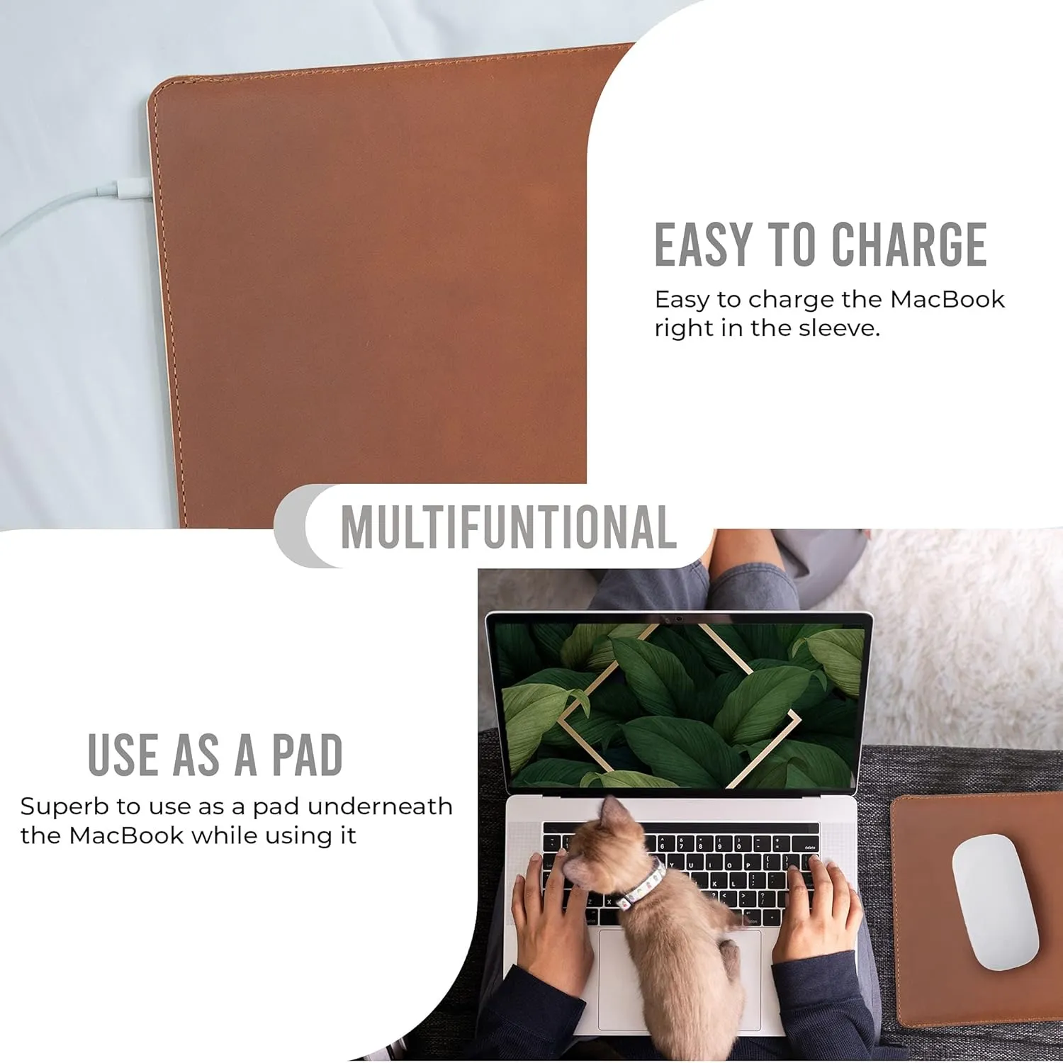 MacBook Air M2 Sleeve Fits Any 13, 14, 16 Inch - Genuine Full Grain Leather Laptop Case, Pro Slim Mac Cover with Real Wool Lined Pocket, Saddle