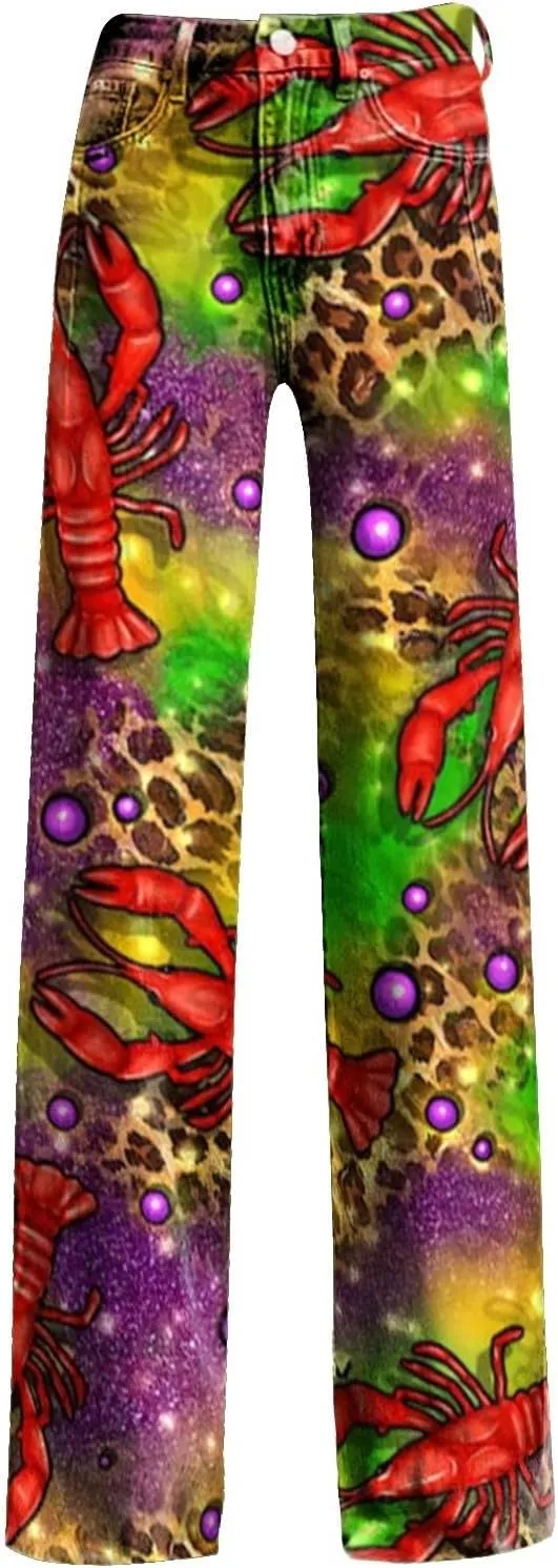 Mardi Gras Pants for Women Flare Jeans Wide Leg Baggy Pants Saint Patrick Denim Trouser Raw Hem Denim Pants