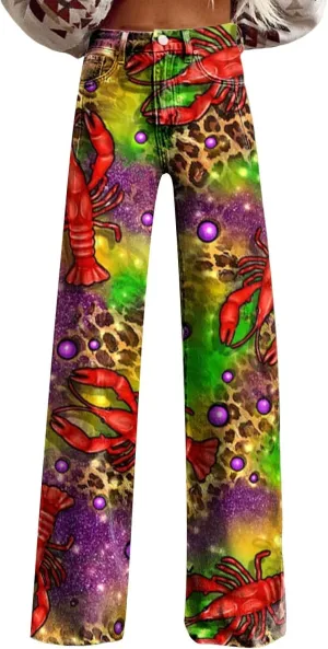 Mardi Gras Pants for Women Flare Jeans Wide Leg Baggy Pants Saint Patrick Denim Trouser Raw Hem Denim Pants