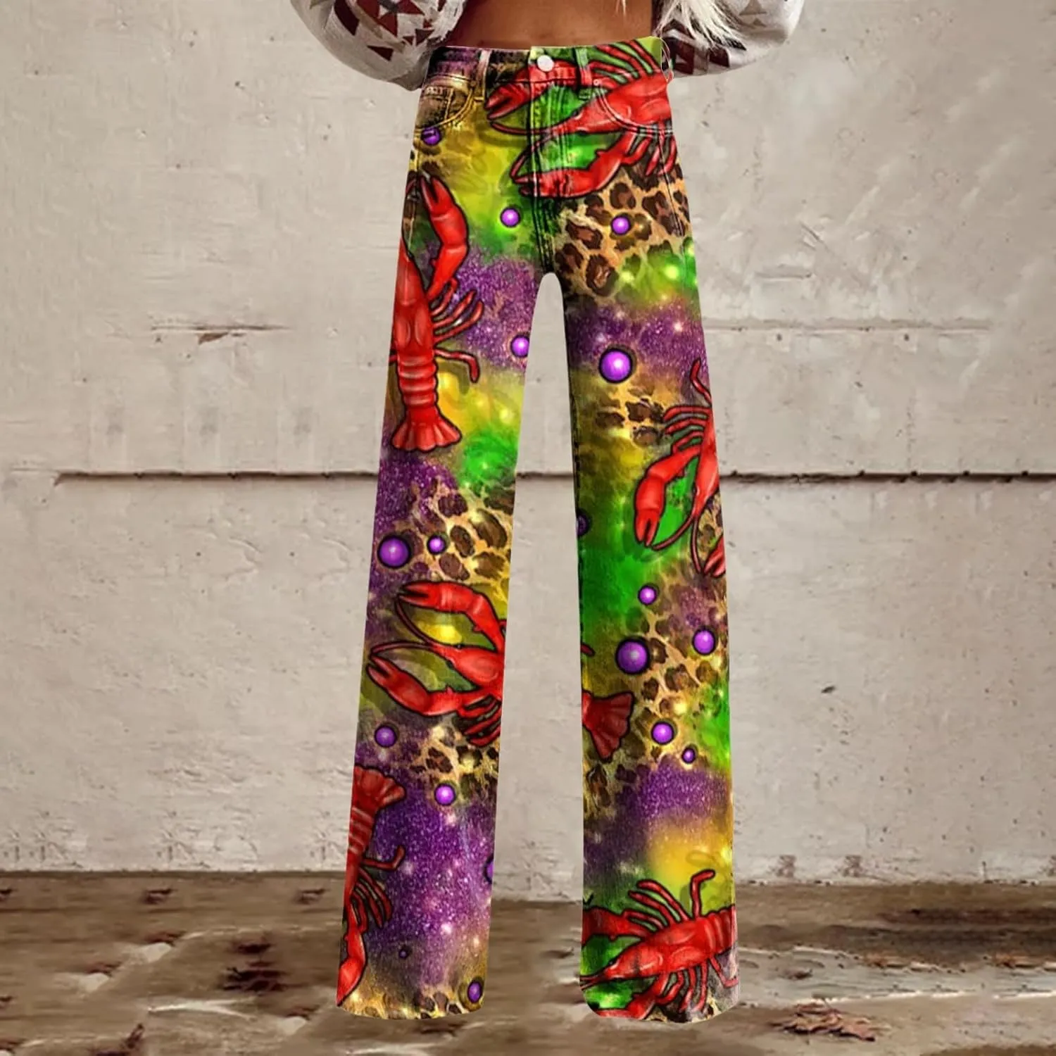 Mardi Gras Pants for Women Flare Jeans Wide Leg Baggy Pants Saint Patrick Denim Trouser Raw Hem Denim Pants