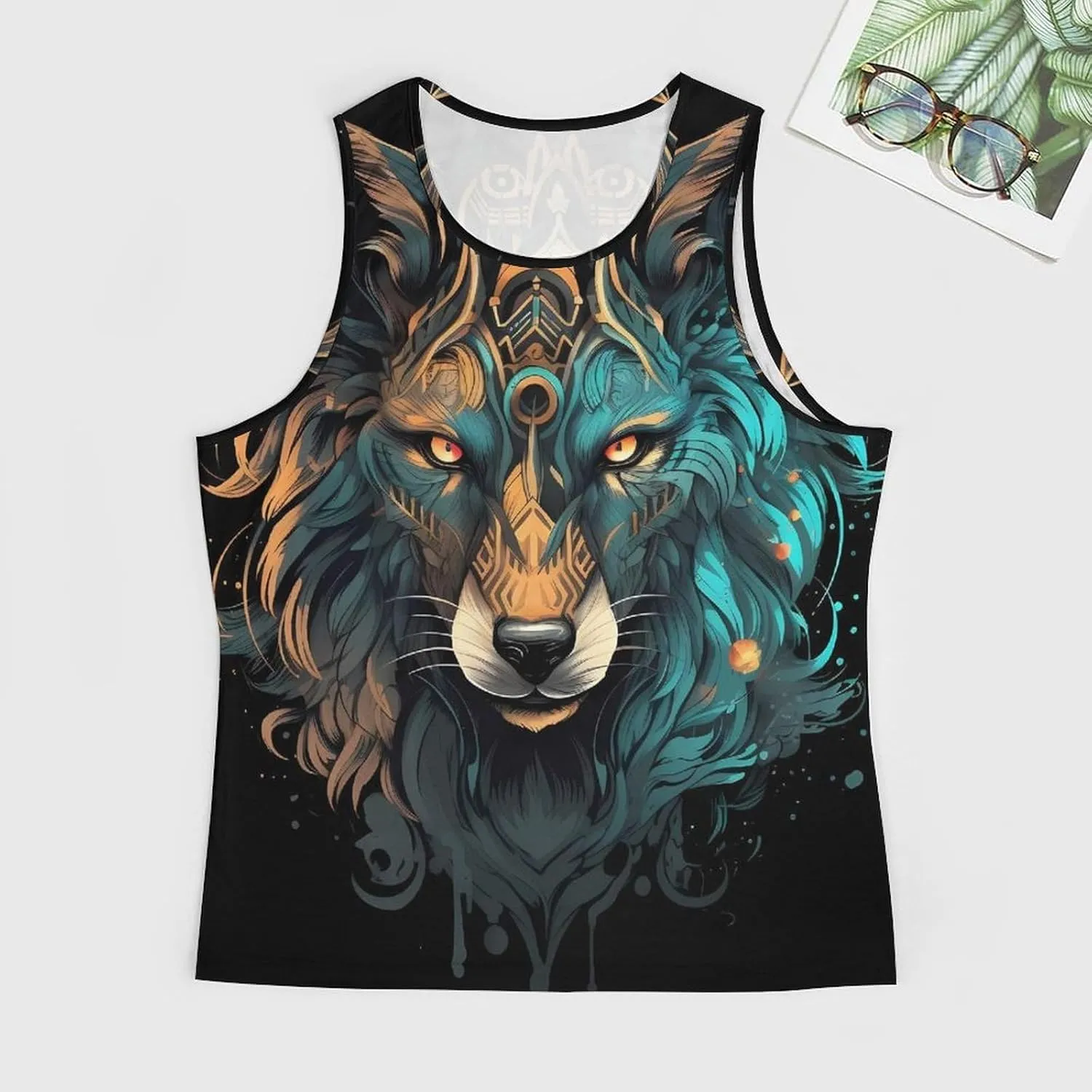 MARSVOVO Mens Tank Top Wolf Muscle Summer Casual Western Ethnic Totem Print Tank for Men Summer Beach Quick Dry Gym Vest