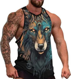MARSVOVO Mens Tank Top Wolf Muscle Summer Casual Western Ethnic Totem Print Tank for Men Summer Beach Quick Dry Gym Vest