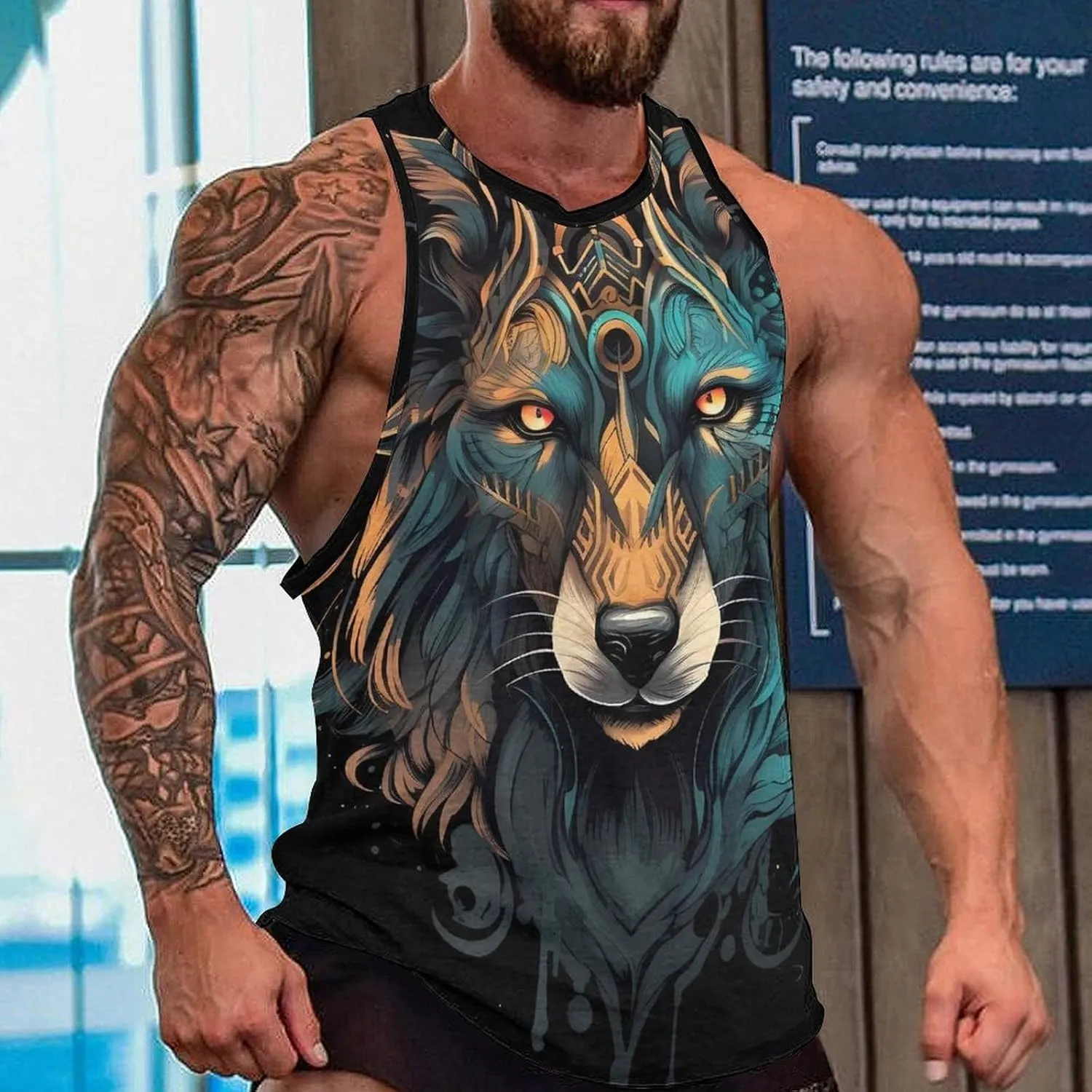 MARSVOVO Mens Tank Top Wolf Muscle Summer Casual Western Ethnic Totem Print Tank for Men Summer Beach Quick Dry Gym Vest