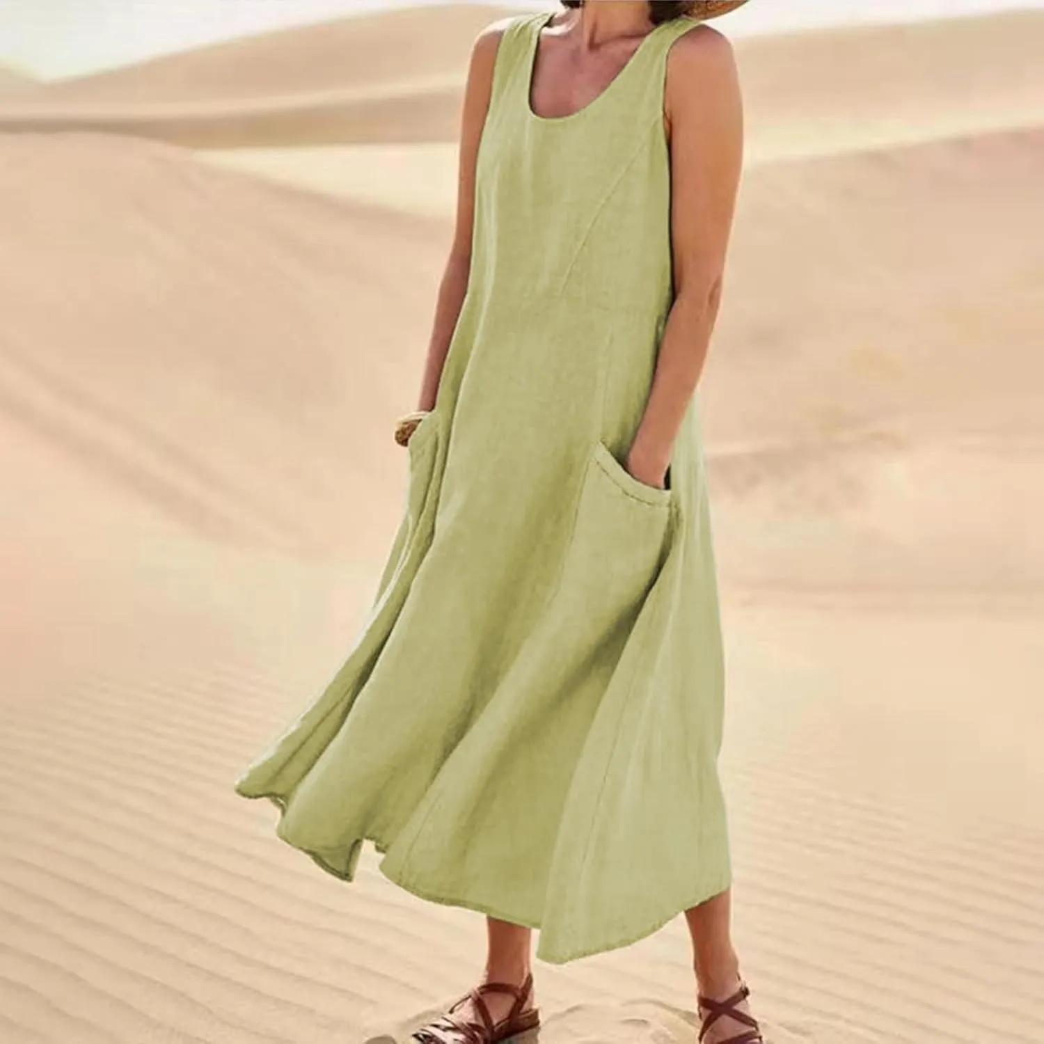 Maxi Floral Dress for Women Plus Size Vacation Scoop Neck Beach Dress with Pockets Long Comfy Flowy Sleeveless Sundress