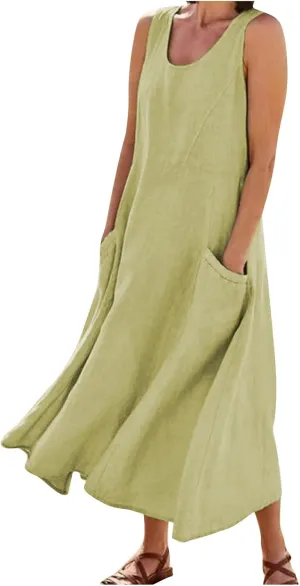 Maxi Floral Dress for Women Plus Size Vacation Scoop Neck Beach Dress with Pockets Long Comfy Flowy Sleeveless Sundress