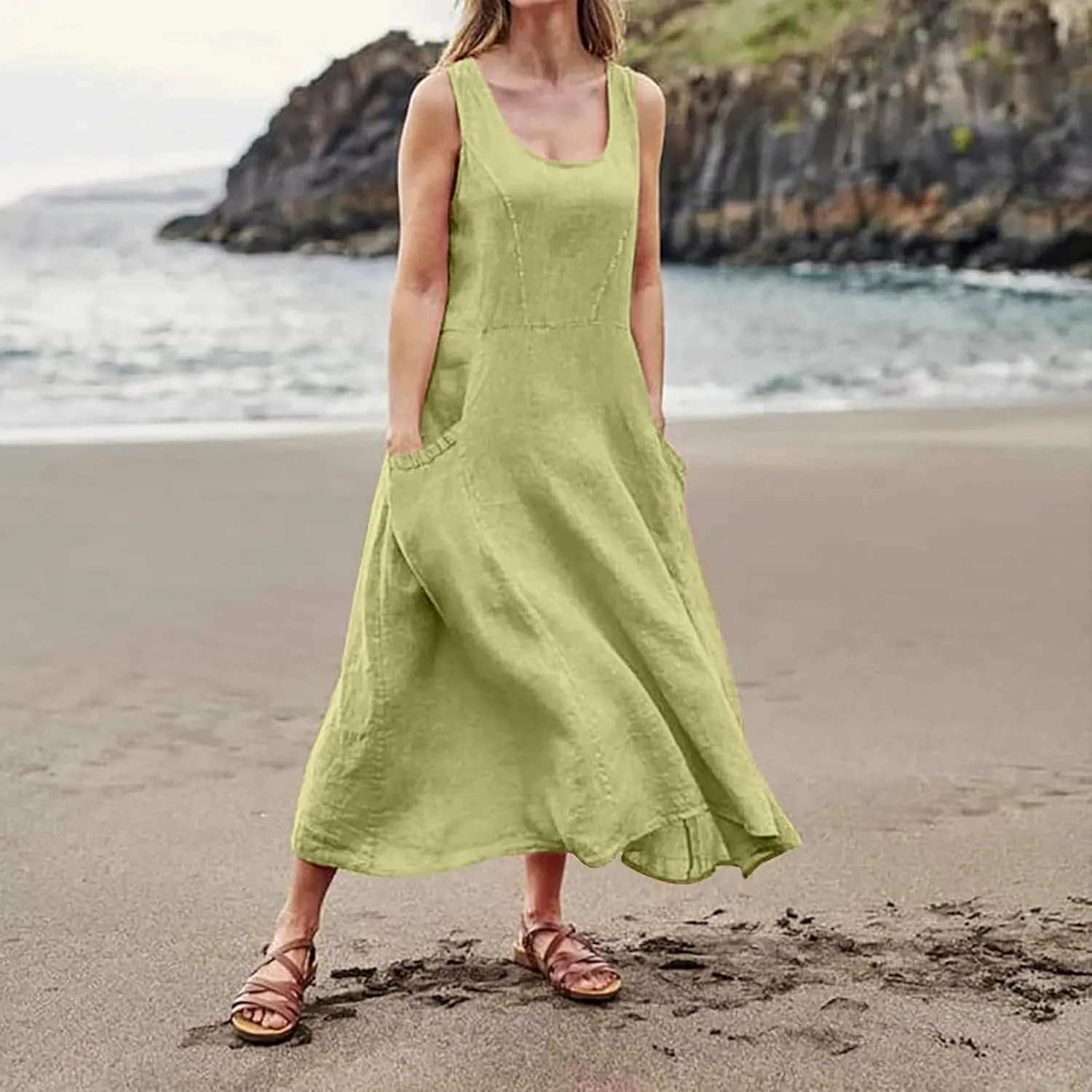 Maxi Floral Dress for Women Plus Size Vacation Scoop Neck Beach Dress with Pockets Long Comfy Flowy Sleeveless Sundress