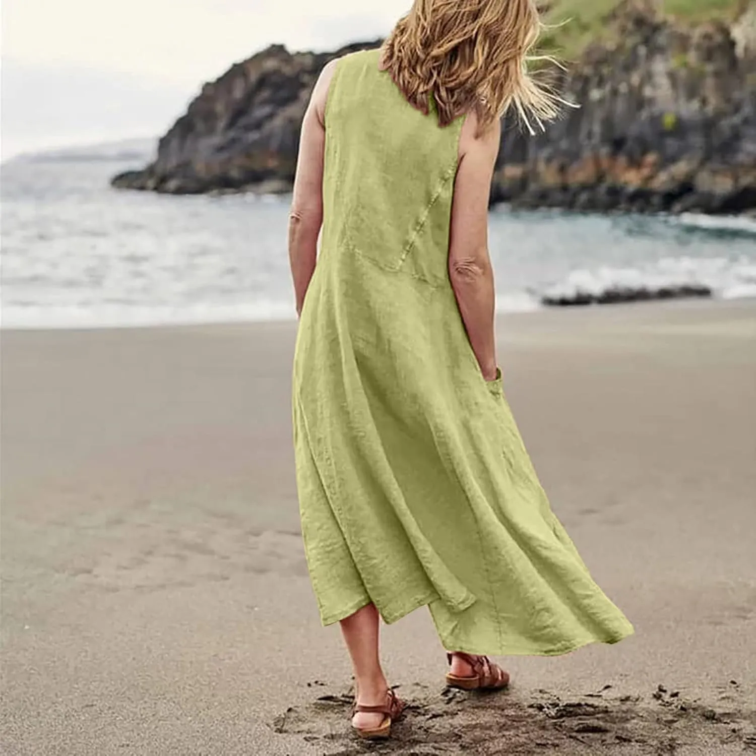 Maxi Floral Dress for Women Plus Size Vacation Scoop Neck Beach Dress with Pockets Long Comfy Flowy Sleeveless Sundress