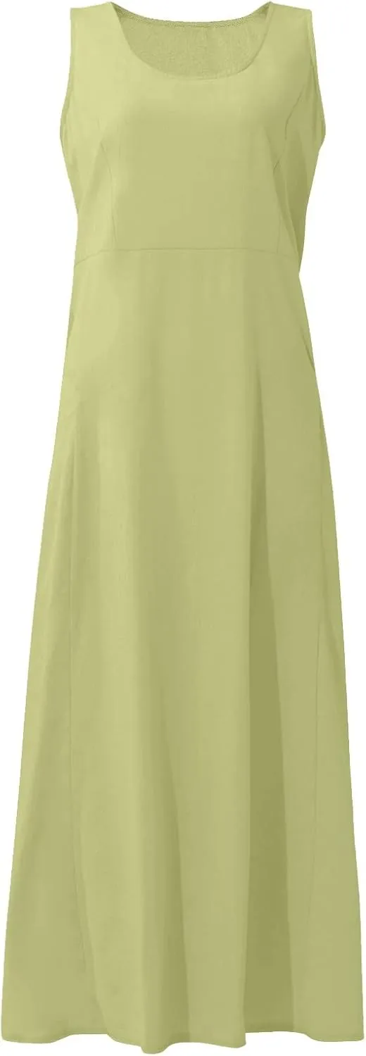 Maxi Floral Dress for Women Plus Size Vacation Scoop Neck Beach Dress with Pockets Long Comfy Flowy Sleeveless Sundress