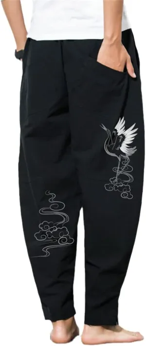 Men Chinese Style Harem Pants Casual Loose Trousers Crane Print Jogger Black Pants