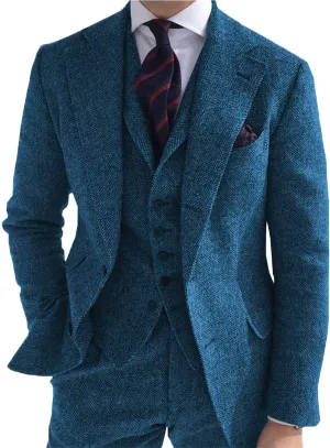 Men's 3 Piece Business Suit Regular Fit Herringbone Groomsmen Tuxedo Wool Jacket Vest & Pants
