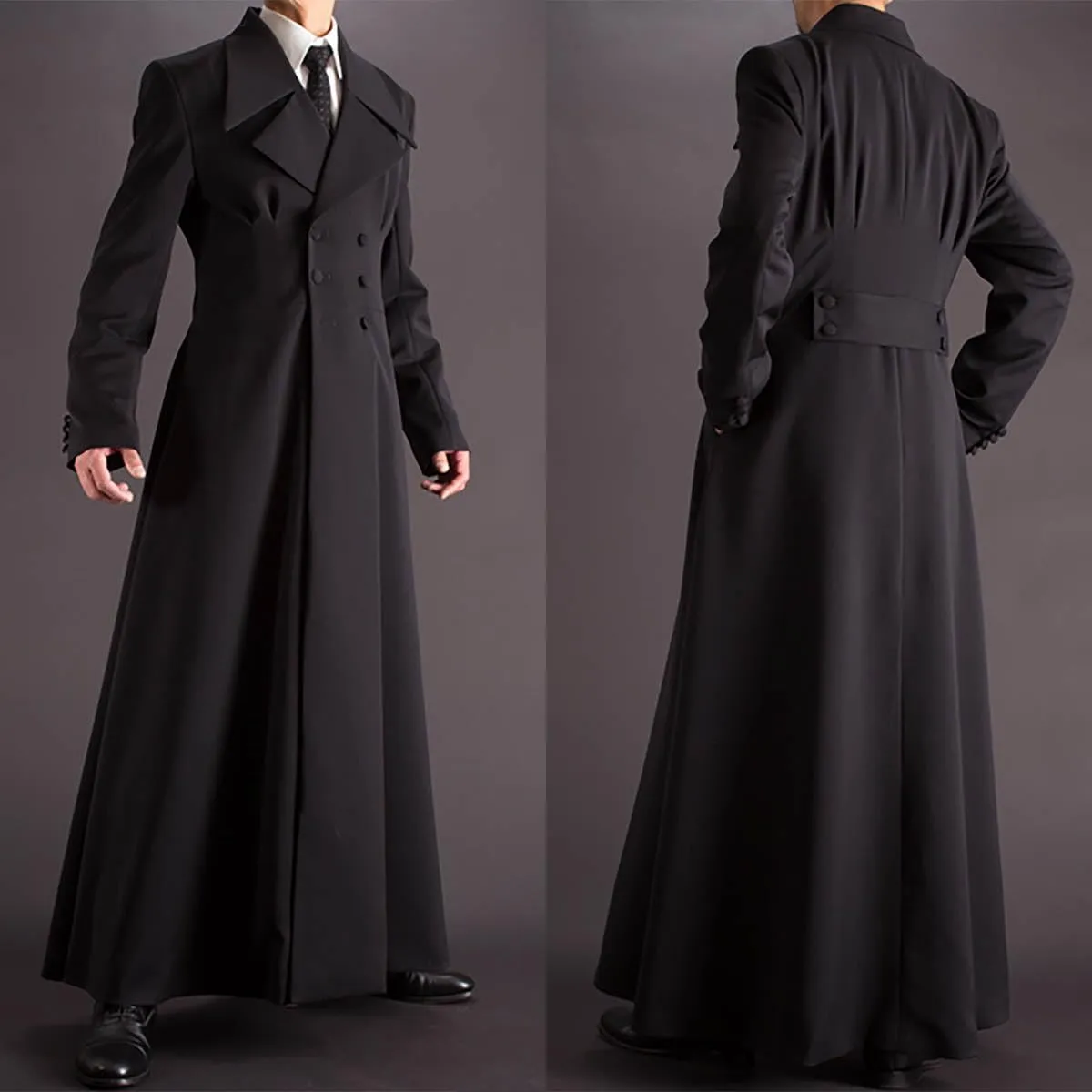 Men's Double Breasted Trench Coat, Slim Fit, Notched Lapel, Ankle Length, Black, Lined