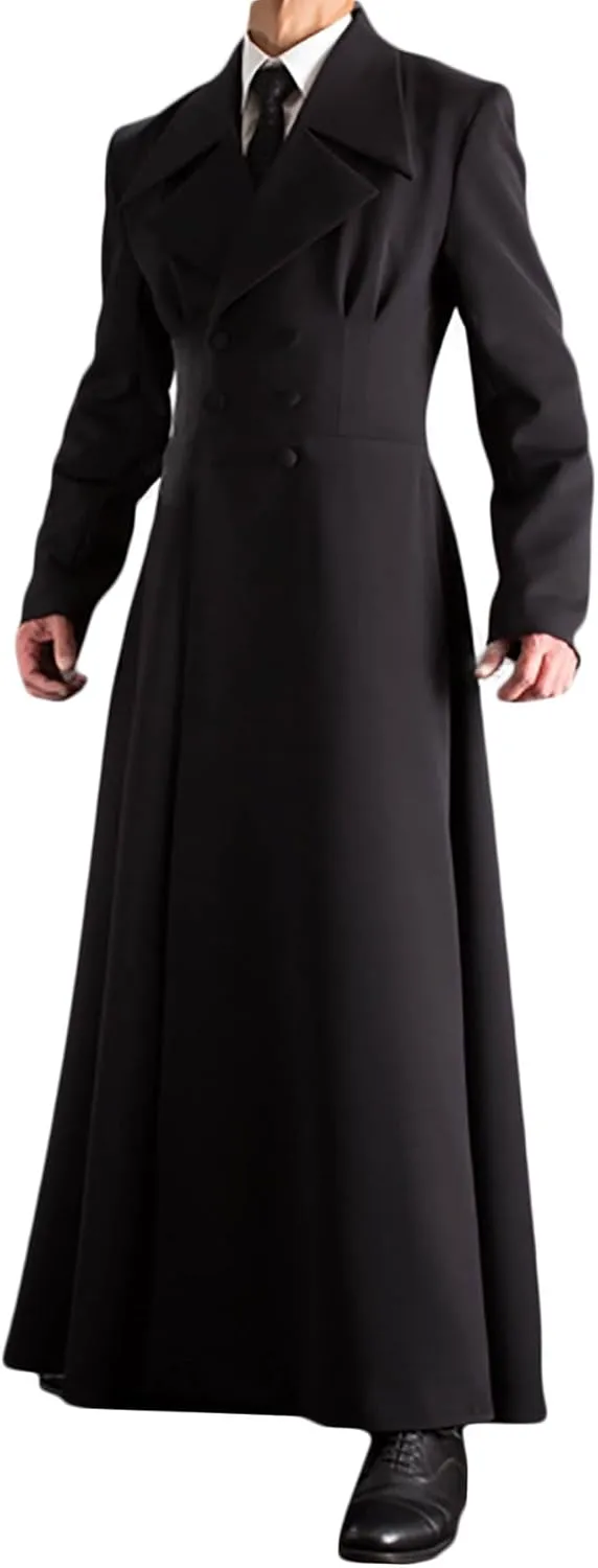 Men's Double Breasted Trench Coat, Slim Fit, Notched Lapel, Ankle Length, Black, Lined