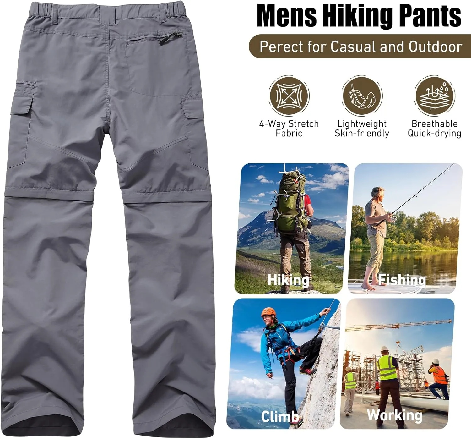 Mens Hiking Convertible Pants Quick Dry Zip Off Lightweight Cargo Fishing Work Pants Trousers with Belt