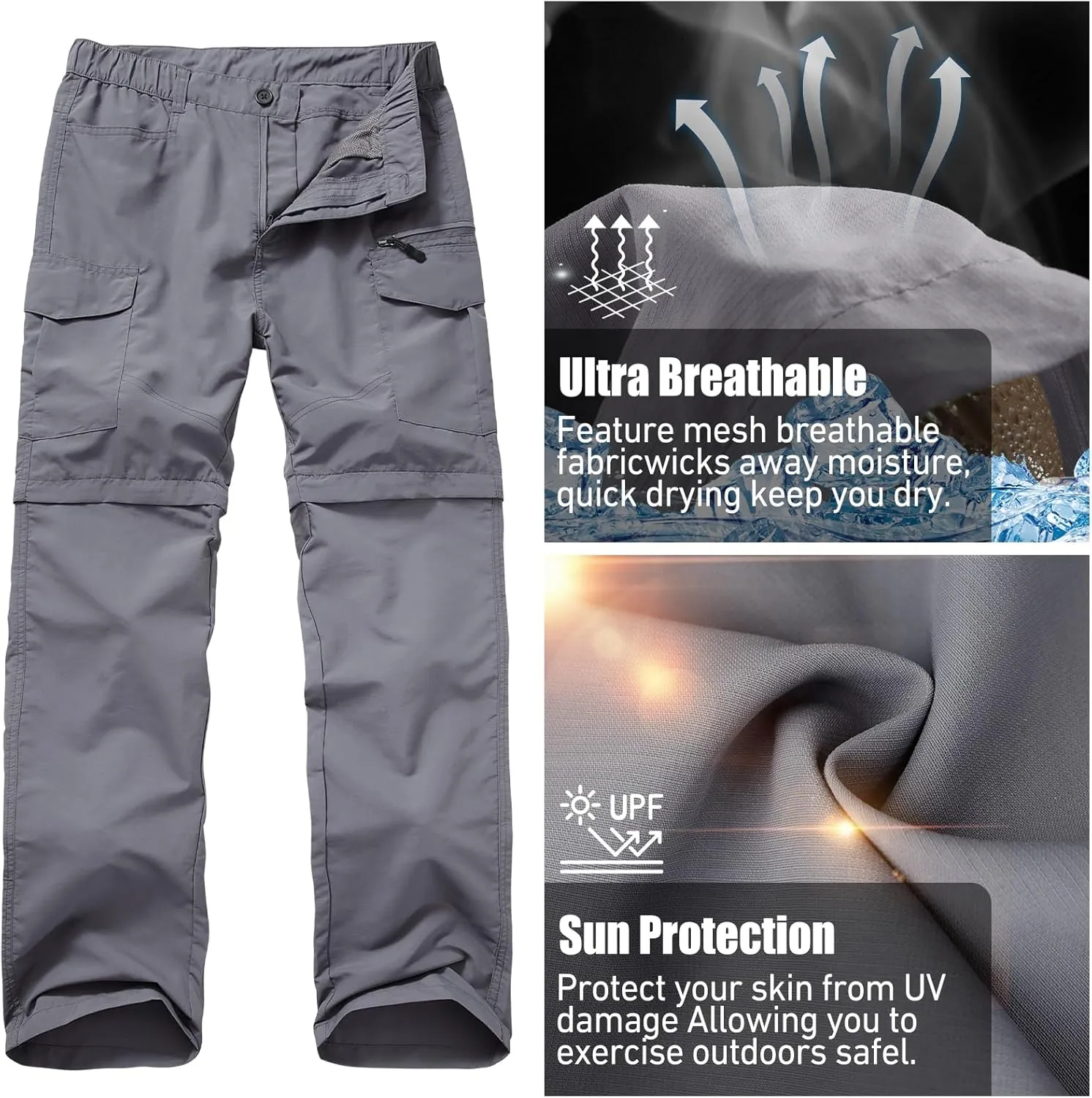 Mens Hiking Convertible Pants Quick Dry Zip Off Lightweight Cargo Fishing Work Pants Trousers with Belt