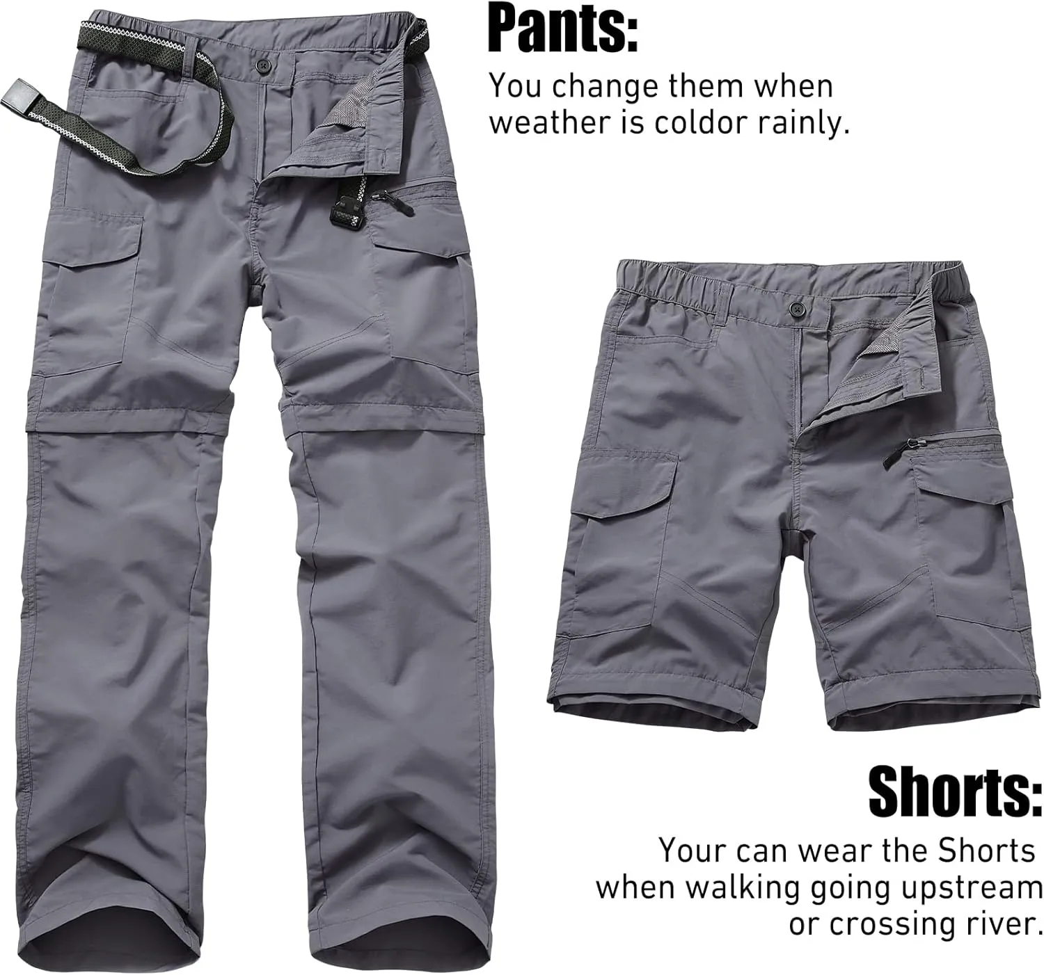 Mens Hiking Convertible Pants Quick Dry Zip Off Lightweight Cargo Fishing Work Pants Trousers with Belt