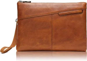 Men's Luxury Leather Large Clutch Purse Business Hand Bag with Wrist Strap Handheld Holster for Phone
