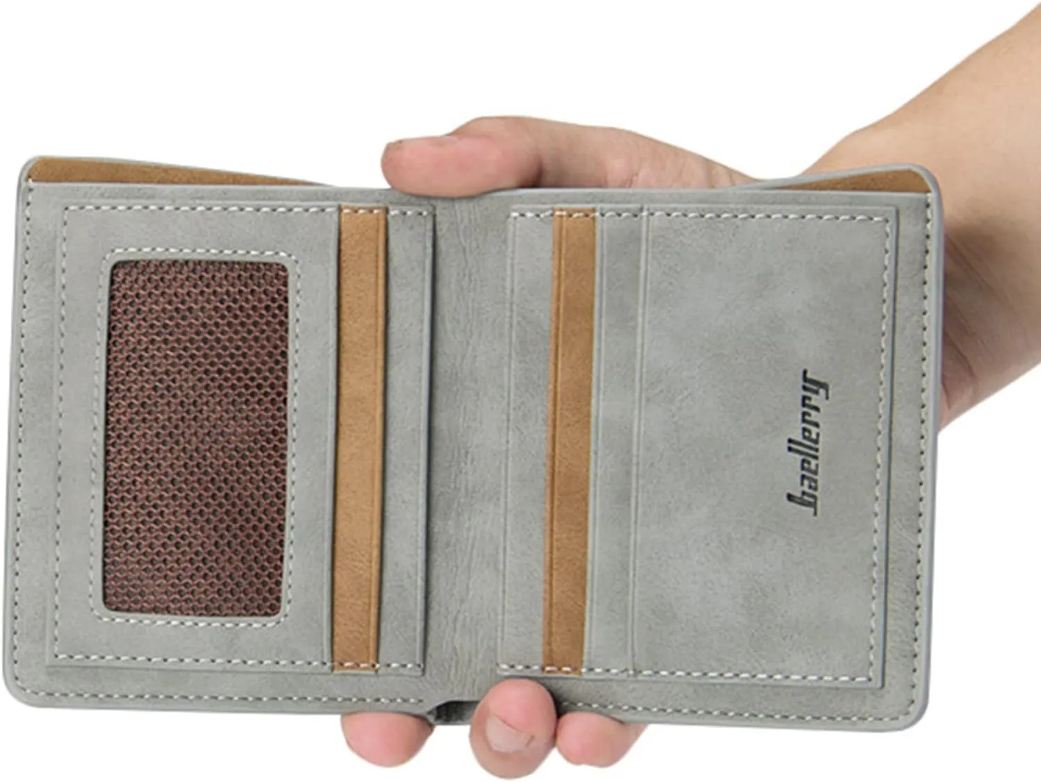 Mens Wallets Slim Leather Wallet with 2 banknote compartments, 6 Credit Card Slots, ID Window. Minimalist Mini Purse for Gents Men (Brown), Gray