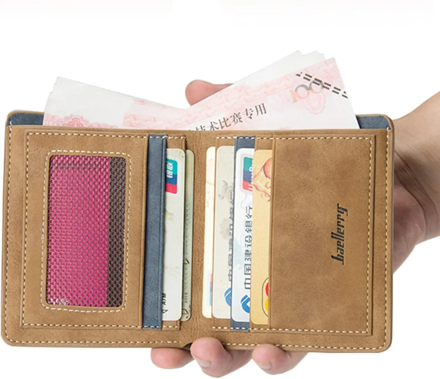 Mens Wallets Slim Leather Wallet with 2 banknote compartments, 6 Credit Card Slots, ID Window. Minimalist Mini Purse for Gents Men (Brown)