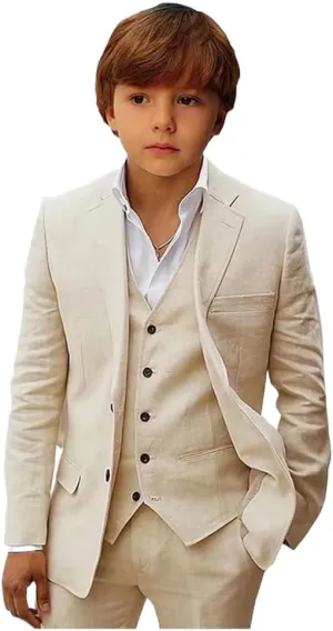 Mi Bo Tong Boys Linen Suit Slim Fit Kids Suit for Boys Summer Beach Wedding Suit Kids Tuxedos Suit Blazer Vest Pants Set