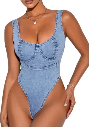 Milumia Women's Scoop Neck Denim Bodysuit Zipper Backless Y2K Going Out Tank Tops
