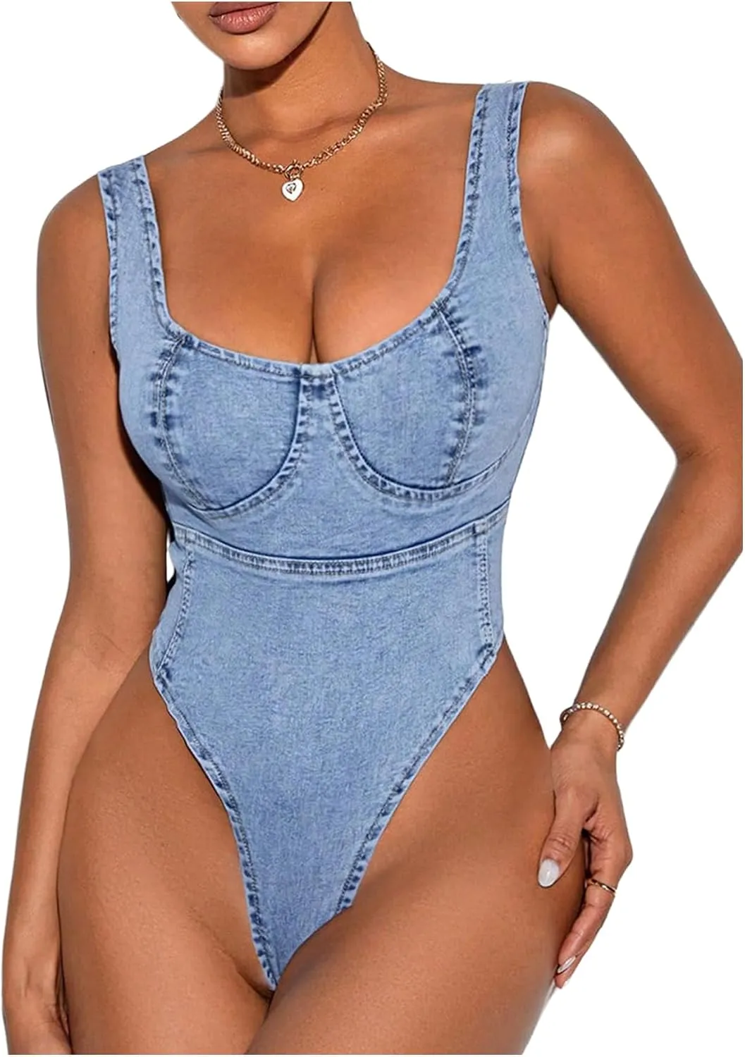 Milumia Women's Scoop Neck Denim Bodysuit Zipper Backless Y2K Going Out Tank Tops