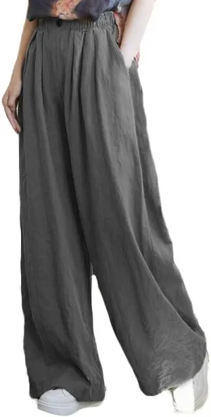 Minibee Women's Cotton Linen Palazzo Pants Wide Leg Casual Baggy Loose Lounge Trousers with Pockets